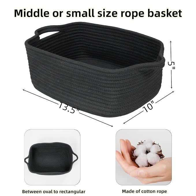 XUANGUO Medium Woven Cotton Rope Storage Basket with Handles, Black | Small decorative rectangle storage bin for baby nursery items and cat toys; ideal as an empty gift basket or dog toy basket
