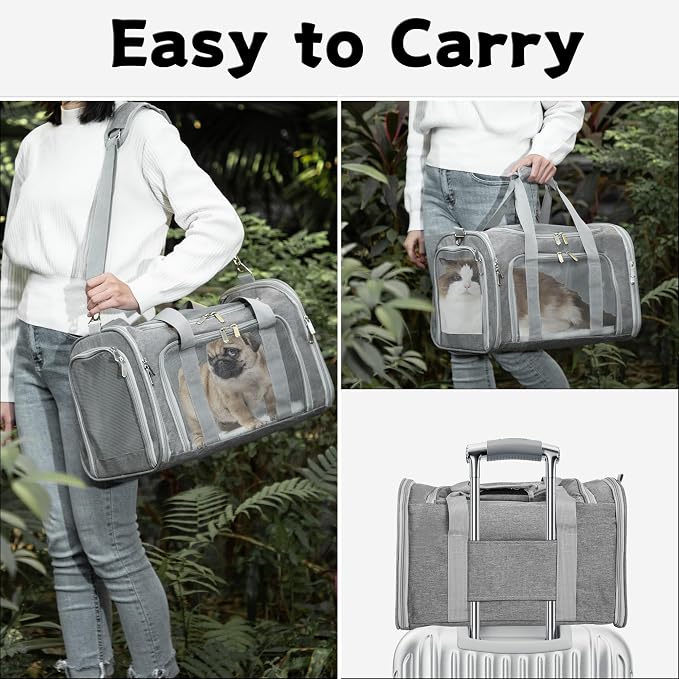 Soft-Sided Cat/Dog/Pet Carrier, Collapsible Pets Travel Carriers | For Big Cats/Small Dogs with Shoulder Strap & Removable Mat, Mesh Puppy Carry Bag, Up to 25 Lbs, TSA Airline Approved(Gray)