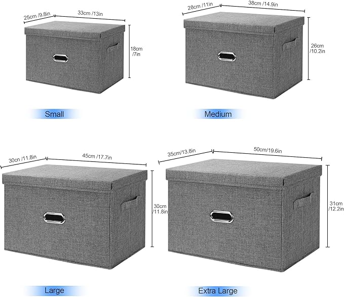 Large Linen Fabric Foldable Storage Bins with Removable Lid and Handles, Washable Storage Box Organizer Containers Baskets Cube with Cover for Bedroom,Office(Cream, Small(2-Pack))