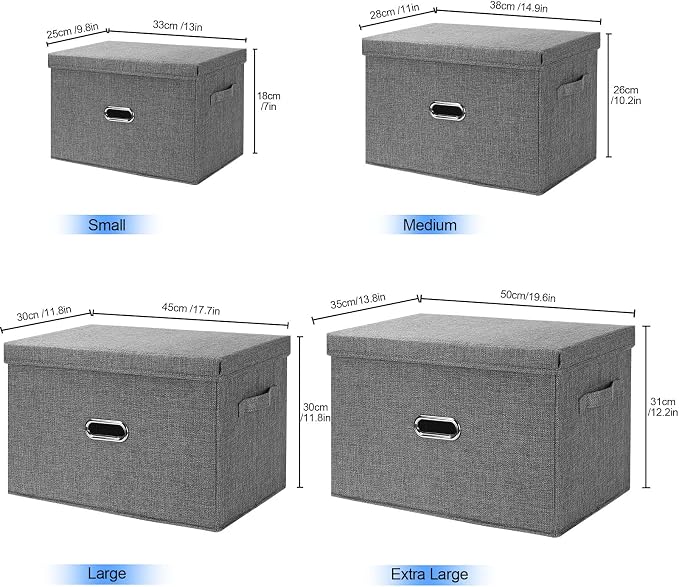 Large Linen Fabric Foldable Storage Bins with Removable Lid and Handles, Washable Storage Box Organizer Containers Baskets Cube with Cover for Bedroom,Office(Red, Medium(2-Pack))