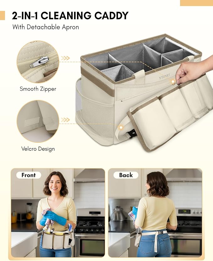 Ytonet Extra Large Cleaning Caddy Bag with Detachable Apron, Cleaning Supplies Organizer with Foldable Dividers, Portable Cleaner Tote with Handle, Cleaner Caddy for Kitchen, Detailing Bag, Apricot