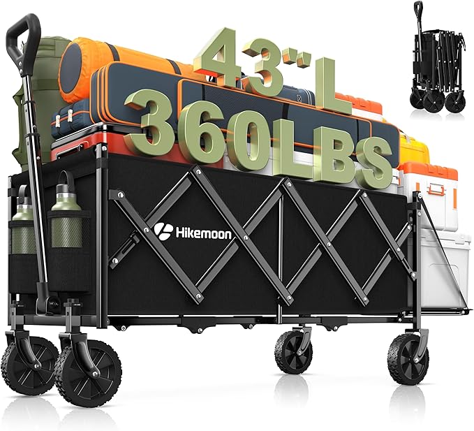 43'' Extra Long Folding Wagon with Extended Tailgate, Black | Wagons Carts Foldable, 360LBS Heavy Duty, Compact Portable, Utility Collapsible for Shopping/Beach/Garden/Camping/Sports