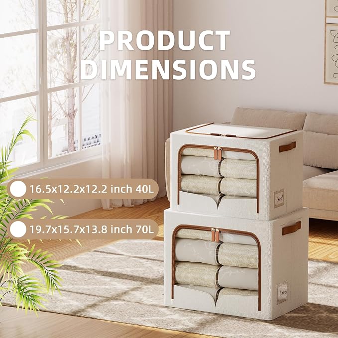 FHSQX 6 Pack Clothes Storage Bins, 70L,Cream White, 19.7x15.7x13.8 inch | Metal Frame,‎Portable, Large Clear Window, Stackable, Durable Handles, Foldable