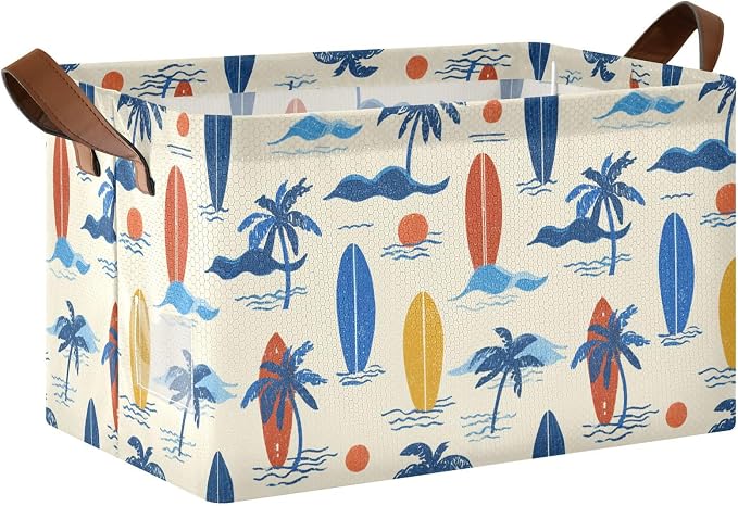 Hawaii Palm Tree and Retro Surfboard Storage Basket Foldable Cube Storage Bins with Handles&Label Collapsible Organizer Box Bin Large Rectangle Decorative Baskets for Shelves Home Room Laundry