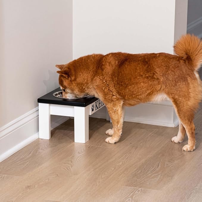 Personalized Dog Bowls Stand for Small Dogs, Wood Elevated Feeding Station | Farmhouse Style, Stainless Steel Dishwasher Safe Bowls, Raised Anti-Slip Feeder, Made in USA