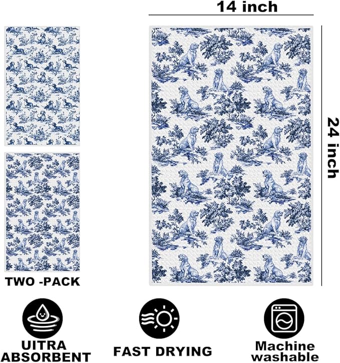 2Pcs Chinoiserie Golden Retriever Kitchen Towels 14x24 Inch, Blue and White Floral Golden Retriever Dachshund Decorative Dish Tea Towels, Grand Millenial Botanical Dog Hand Towels for Kitchen Bathroom