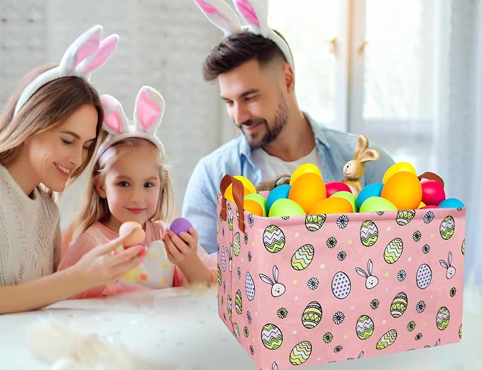 Large Rectangular Easter Baskets Empty Waterproof Boy Toy Box Foldable Kid's Gifts Storage Bin Spring Room Decor(Pink Black Line Egg)