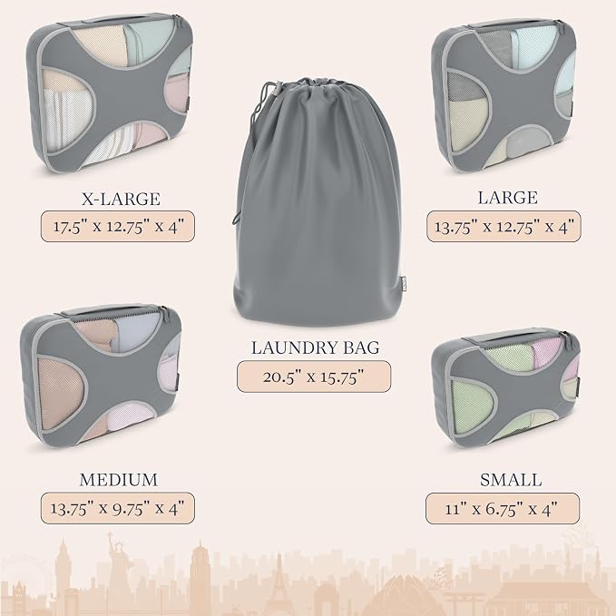 Shacke 5 Set Packing Cubes for Travel with Laundry Bag (Charcoal Gray) | Suitcase Organizer Bags Set: 4 Water-Resistant Luggage Cubes, XL to Small, + Laundry Bag for Carry-On or Checked
