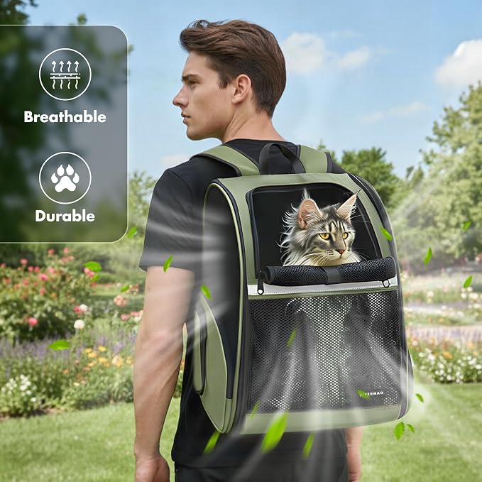 Pet Backpack Carrier, Large Cat Carrier Backpack Up to 20 Lbs with Breathable Mesh, for Medium Large Cats or Small Dogs, Travel Hiking Camping Backpack (DarkGreen-XL)