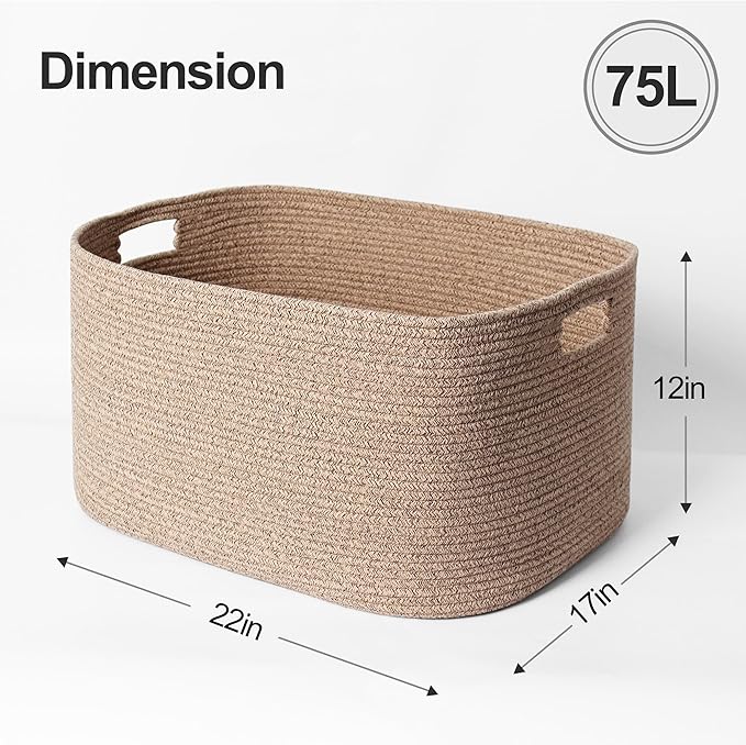 Large Storage Basket for Blankets, 75L Woven Blanket Storage for Living Room, Cotton Rope Baskets for Organizing, Kids Dog Toy Bin Box, Rectangle Pillow Holder Organizer, 22”x17”x12”