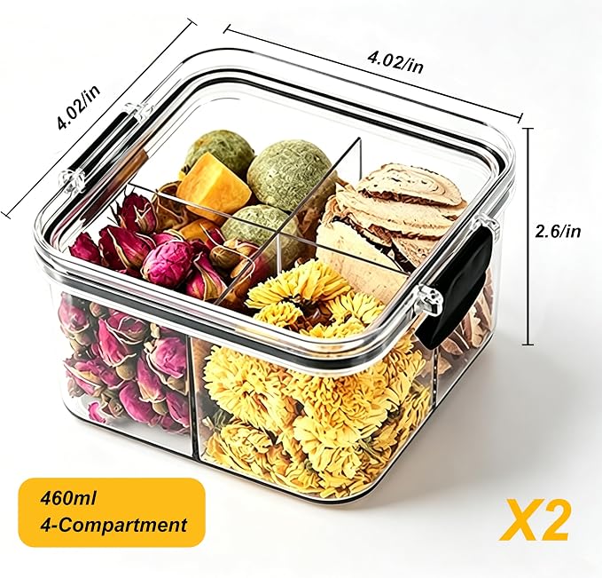 2 Pack 4 Compartment Airtight Food Storage Containers,460 ml Divided Clear Storage Box,Stack able Sealed Spice Tea Organizer for Loose Leaf Dried Tea Flower Snack Seasoning Pantry Counter Cabinet