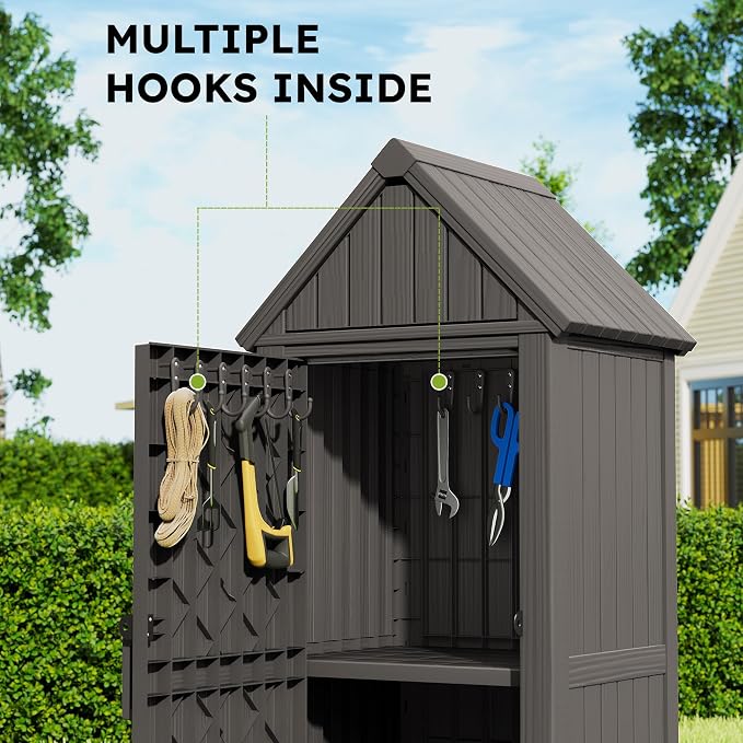 Vertical Outdoor Storage Shed, Waterproof Resin Outdoor Storage Cabinet with Removable Shelves & 12 Hooks, Lockable Small Tool Shed for Garden, Backyard, Patio, Pool, Classic Gray
