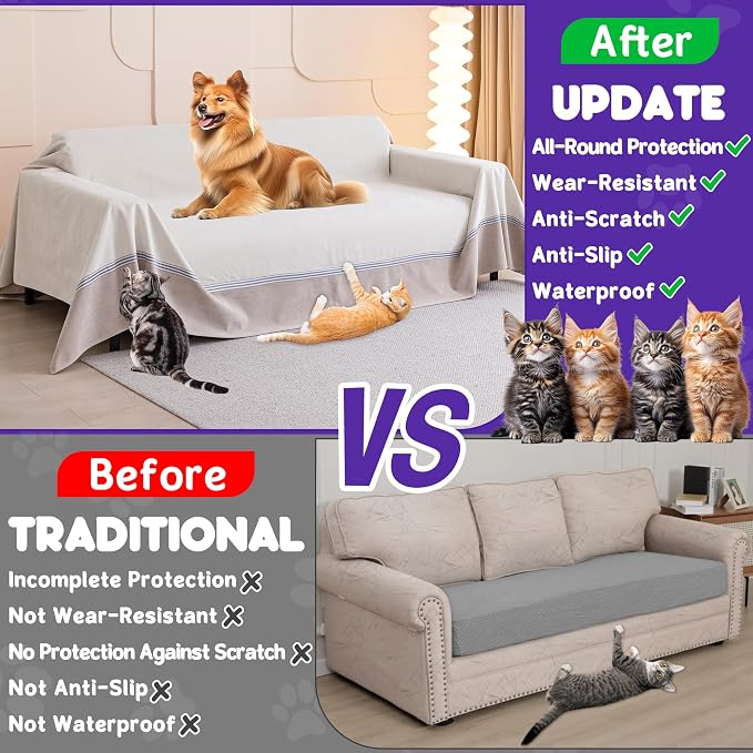 Loiion Cat Scratch Proof Furniture Protector Waterproof Sofa Cover 118"x91" | Pet-Friendly Couch Protector, Anti-Scratch & Anti-Slip Sofa Cover For Cats Dogs Kids, Machine Washable