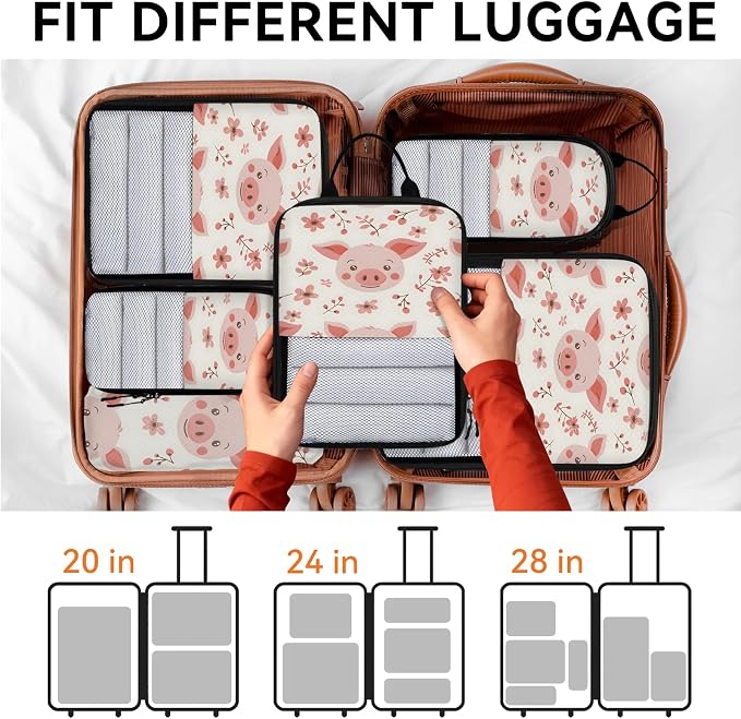 Cute Pig Faces Compression Packing Cubes Pink Pig 6 Set Travel Packing Cubes for Suitcases Lightweight Expandable Organizers