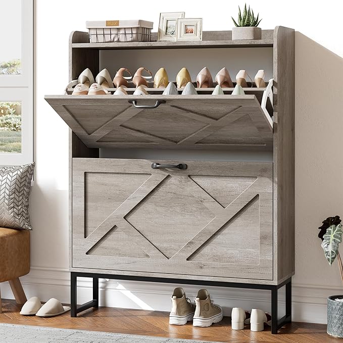 Shoe Storage Cabinet with 2 Flip Drawers, Freestanding Shoe Organizer, Shoe Cabinet with Metal Legs, Narrow Shoe Rack Cabinet, Farmhouse Slim Shoe Cabinet for Entryway, Hallway, Rustic Gray