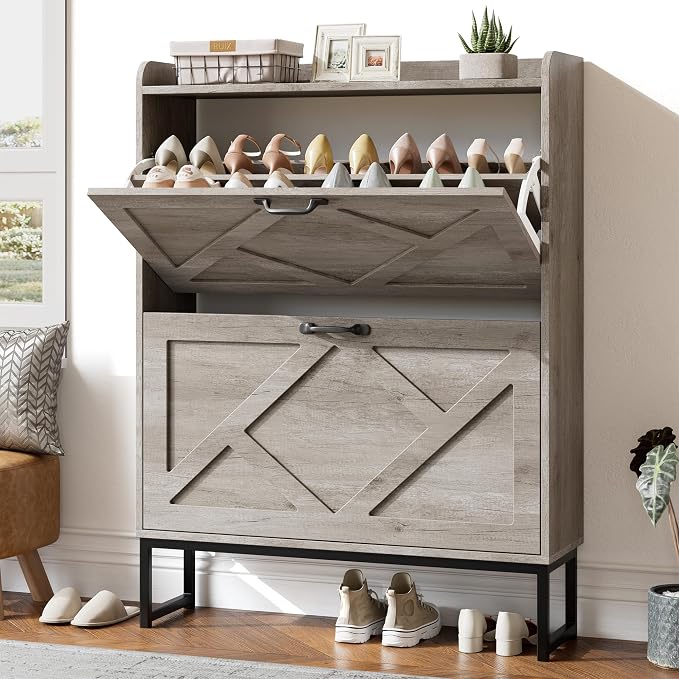 Shoe Storage Cabinet with 2 Flip Drawers, Entryway Organizer, Gray | Slim Shoe Cabinet with Metal Legs, Narrow Farmhouse Shoe Organizer for Entryway, Foyer, Hallway, Wood Shoe Rack with Hook