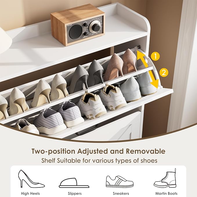 Shoe Storage Cabinet with 2 Flip Drawers, Entryway Cabinet, White | Slim Shoe Cabinet with Metal Legs, Narrow Farmhouse Shoe Organizer for Entryway, Foyer, Hallway, Wood Shoe Rack with Hook
