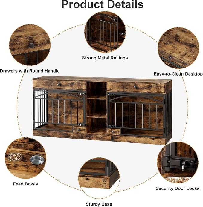 Dog Crate Furniture for 2 Dogs, Double Dog Crate TV Stand, Brown | 78.7'' Large Dog Kennel Indoor, 2 Storage Drawers, 3 Shelves and Feeding Bowls, Pet Kennel for Small and Medium Dogs
