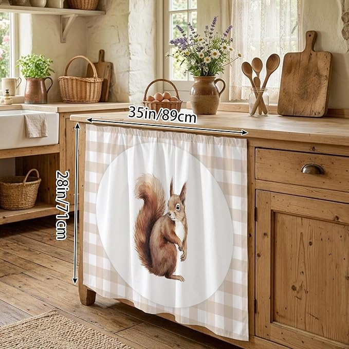 Squirrel Plaid Oven Skirt Curtain for Kitchen Decor 28"x35", Modern Farmhouse Checkered Rustic Animal Self Adhesive Stove Curtains Skirt Cabinet Curtains for Bathroom Laundry Room