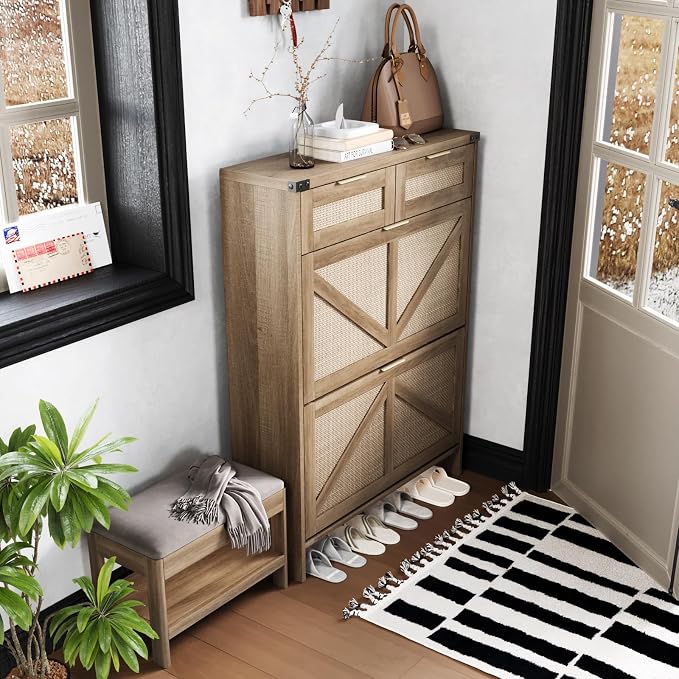 Halitaa Shoe Cabinet with 2 Flip Drawers & 2 Drawers,Farmhouse Shoe Storage Cabinet for Entryway,Slim Freestanding Narrow Organizer Rack for Front Door Entrance,Rustic Oak Rattan