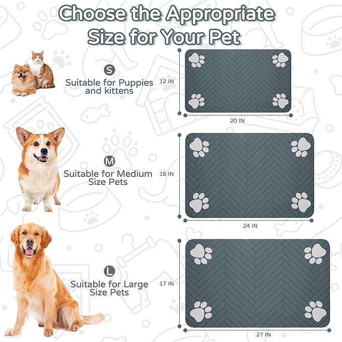 Pet Feeding Mat-Absorbent Dog Feeding Mat for Food and Water Bowl,No Stains Pet Placemat,Quick Drying Water Dispenser Mat for Dog and Cat,Easy to Clean Dog Accessories(M,Black Gray Paw)