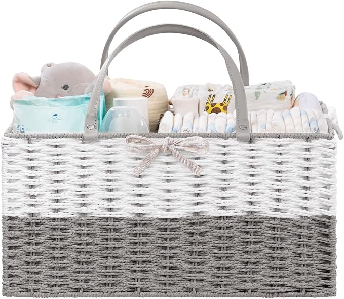 HBlife Baby Diaper Caddy Organizer, Paper Rope Storage Baskets Nursery Bin with Removable Divider, Portable Car Organizer for Diapers, Baby Shower Gifts, Newborn Essentials Must Haves