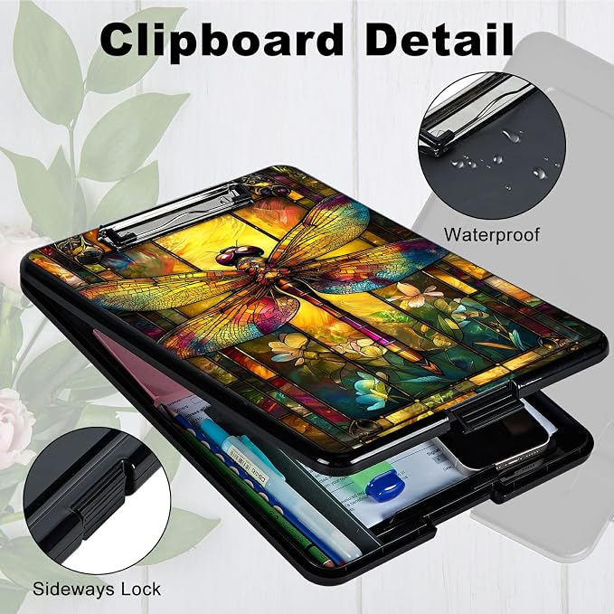 Heavy Duty Storage Clipboard, Slim Nursing Clipboard with Internal Pen Case, Portable File Organizer Case for A4 Letter Size Paper Office Medical Professionals, Retro Dragonfly
