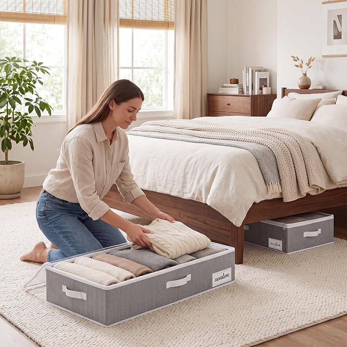 StorageWorks 7 Inch Low Profile Under Bed Storage Containers with Clear Lid | Reinforced Structure, Resists Sagging, Handles & Label Holder, Foldable Stackable Closet Storage for Clothes, Blankets, Toys