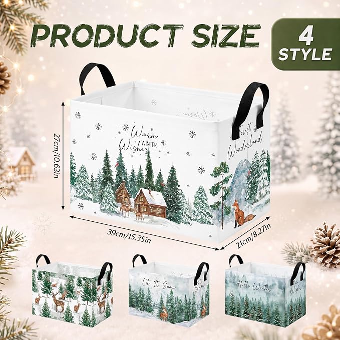 4 Pcs Christmas Storage Basket for Gifts Empty Large Christmas Forest Elk Storage Bins 15 x 10 x 8 Fabric Laundry Baskets with Handle Winter Wonderland Collapsible Organizer Boxes for Toy Book