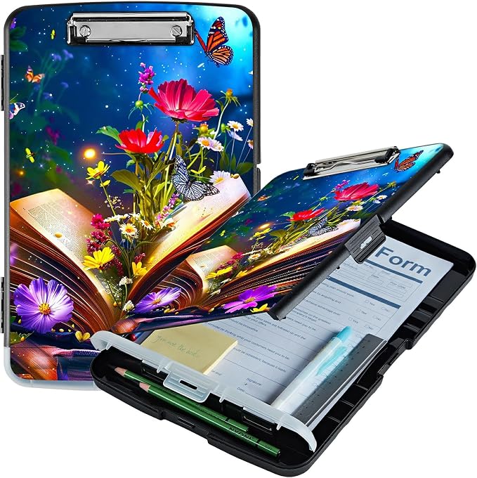 Book Flower A4 Clipboard with Storage Pen Holder, Clipboards Organizer Nursing Clipboard Foldable File Folder Plastic Clipboard Folio Clip Board for Office Students Classroom Doctor