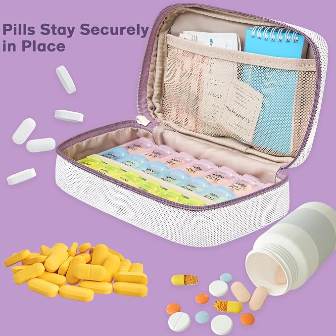 Lexeeco Travel Pill Case for Purse with Weekly Pill Organizer 2 Times a Day | Cute Am Pm Pill Box 7 Day ,Travel Medicine Organizer Pill Container Holder for Vitamins,Fish Oils,Medication,Medical Supplies