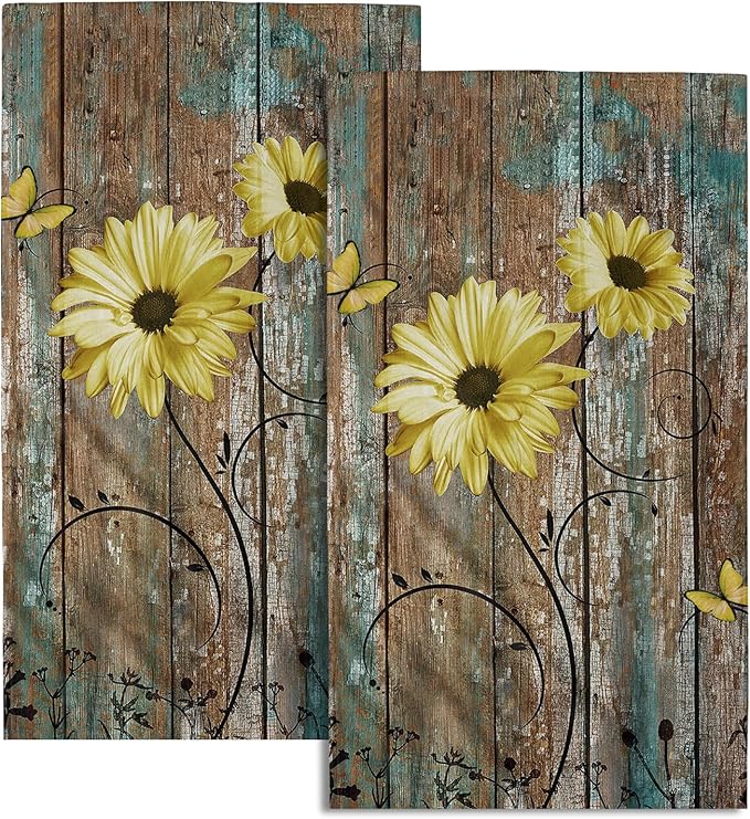 Giwawa Rustic Barn Sunflower Wooden Hand Towel 15x30 Set of 2, Fall Yellow Daisy Flower Plank Fingertip Towel Retro Board Face Towel Country Barnwood Washcloth for Bathroom Farmhouse Log Cabin