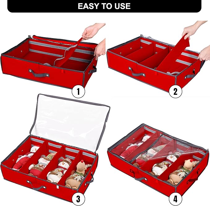 2 Pack Christmas Figures Storage Box | Each Holds 4 Holiday Figurines up to 16” | Adjustable Nutcracker Decor Ornament Storage Container | Xmas Decorations Accessories Boxes (Red)