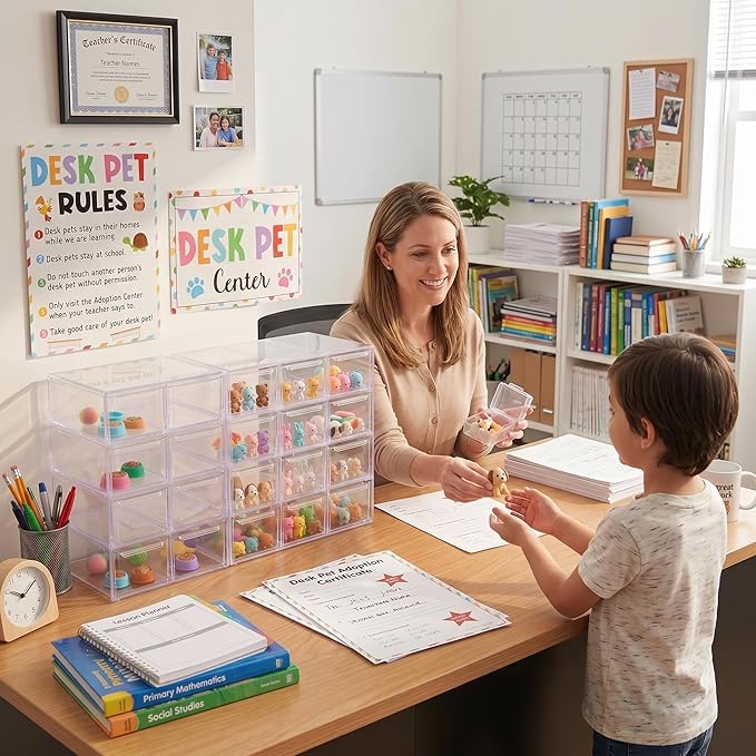 Fumete 2 Pack Classroom Desk Pet Adoption Container Desk Pet Habitats Center Boxes and Signs for Elementary Preschool Decorations Classroom Teacher Management Strategy Supplies for Prize Game Reward
