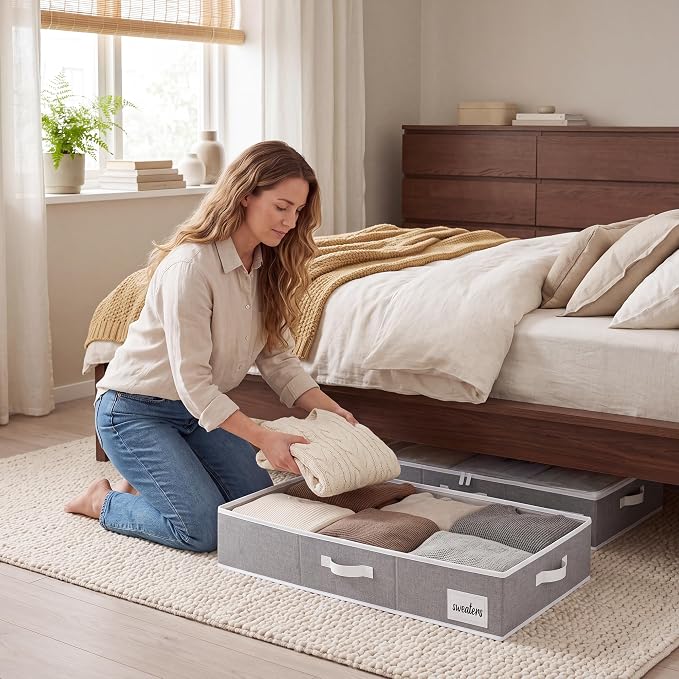 StorageWorks 6 Inch Low Profile Under Bed Storage Containers with Clear Lid | Reinforced Structure, Resists Sagging, Handles & Label Holder, Foldable Stackable Closet Storage for Clothes, Blankets, Toys