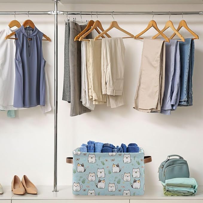 Wamika Cute Cats Storage Basket Fabric Storage Bin Laundry Baskets, Funny Cat Kitty Foldable Storage Boxes Organizer Bag for Baby Cloth Dog Toy Book Storage Cubes Shelf Closet Basket 16×12×8 Inches