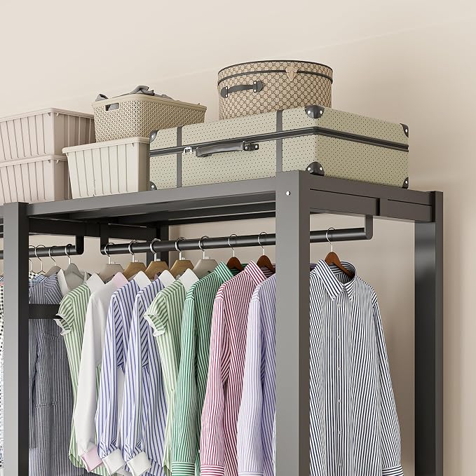 71in Heavy Duty Portable Closet with Cover, 1500lbs Foldable Covered Metal Clothing Wardrobe Closet System, Heavy Duty Garment Rack for Hanging Clothes, for Bedroom,Apartment,Rental Property,Gray