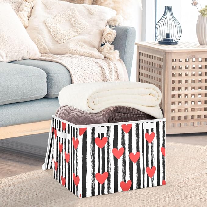 Love Stripes Storage Bin Foldable Collapsible Fabric with Lid Handles 40L | Decorative Storage Boxes, 300D Oxford Cloth, Hollow Board Frame, Flip Top Velcro Lid, 16.5x12.6x11.8 inch, Collapsible Design