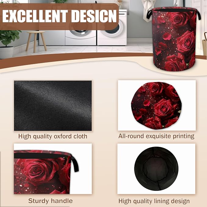 Red Rose Laundry Baskets,Laundry Hamper,Storage Basket with Handles for Bathroom Bedroom College Dormitory Living Room Nursery Organizer 16"x20.8"