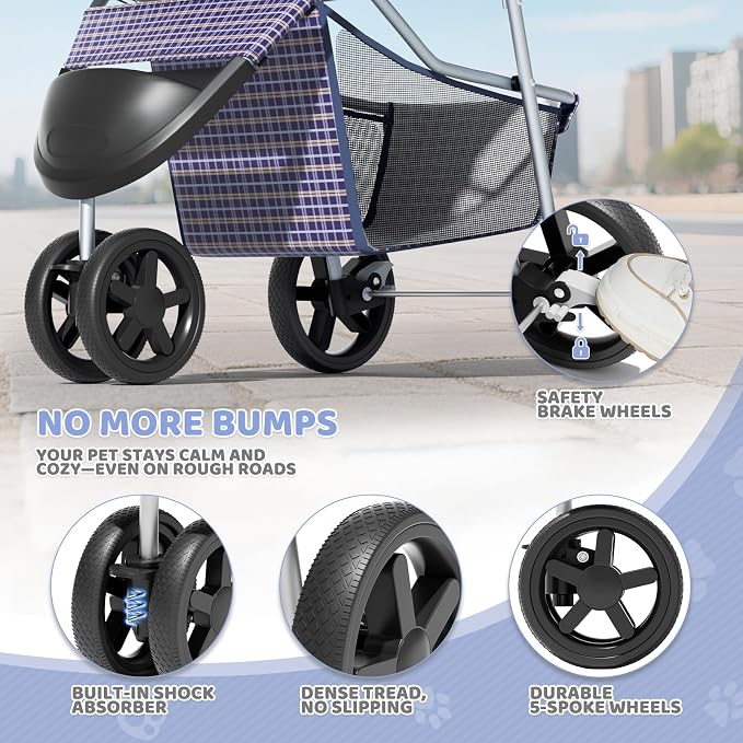 Magshion 3-Wheel Pet Stroller for Small/Medium Dogs & Cats, Up to 33lbs | Foldable Travel Jogger w/ Breathable Mesh Cover, Lightweight Design, Safety Tethers, Cup Holder & Storage Basket
