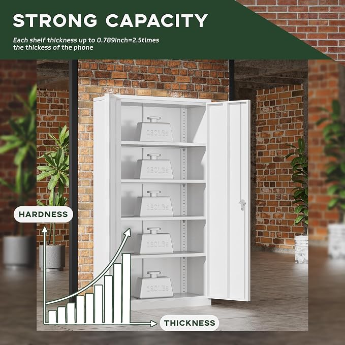 Greenvelly Metal Storage Cabinet, 72" Locking Metal Garage Storage Cabinet with Doors and 4 Adjustable Shelves, Lockable Steel Cabinets for Home Office, Garage, Shop, School (White 36" W x 18" D)