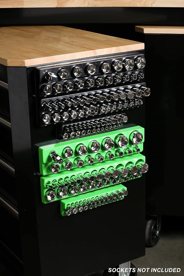ARES 60160 6-Pc Black/Green Metric/SAE Magnetic Socket Organizer | Part No. 60160; Metric and SAE Set Black and Green -1/4 in, 3/8 in, 1/2 in Socket Holders -143