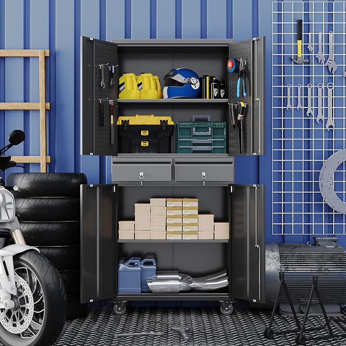 Garage Storage Cabinet with Wheels and 2 Drawers, 71" H Locking Metal Storage Cabinet with Pegboard Doors and 2 Adjustable Shelves for Garage, Warehouse, Home, Black, Assembly Required