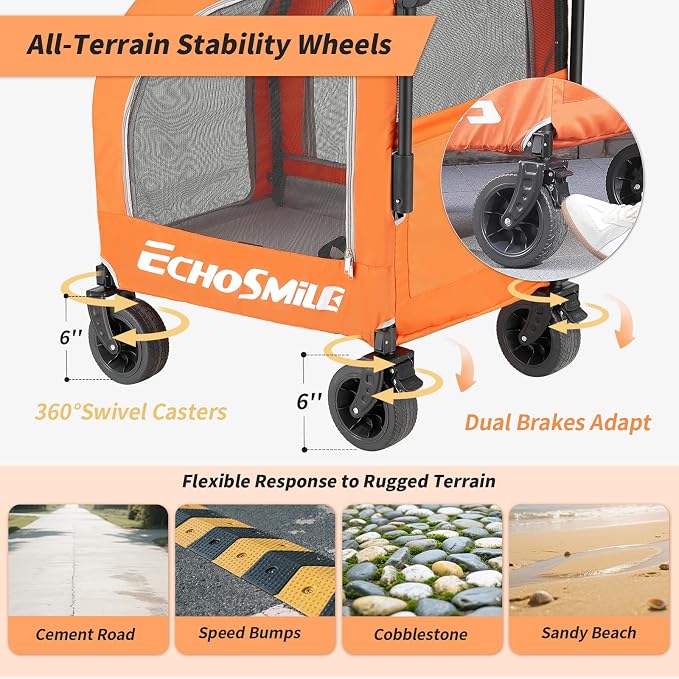 EchoSmile 4-Wheel Pet Stroller for Dogs & Cats, Up to 135 lbs, Orange | Lightweight Carrier · Storage Basket Included · Adjustable Handle · Removable Pad