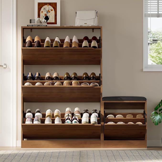 BORNOON Shoe Cabinet with Bench and 3 Flip Drawers, Slim Narrow Shoe Storage Cabinet, Freestanding Shoe Rack Organizer with Adjustable & Removable Shelves, Anti-Tip for Entryway, Hallway, Foyer
