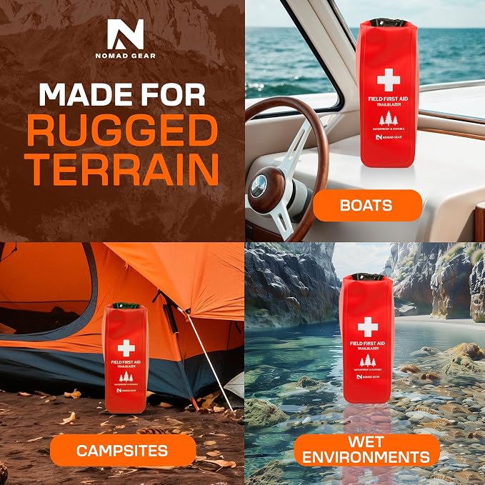 Waterproof First Aid Kit for Camping, Boating, Hiking – 64-Piece Outdoor Emergency Medical Bag with Roll-Top Closure by Nomad Gear