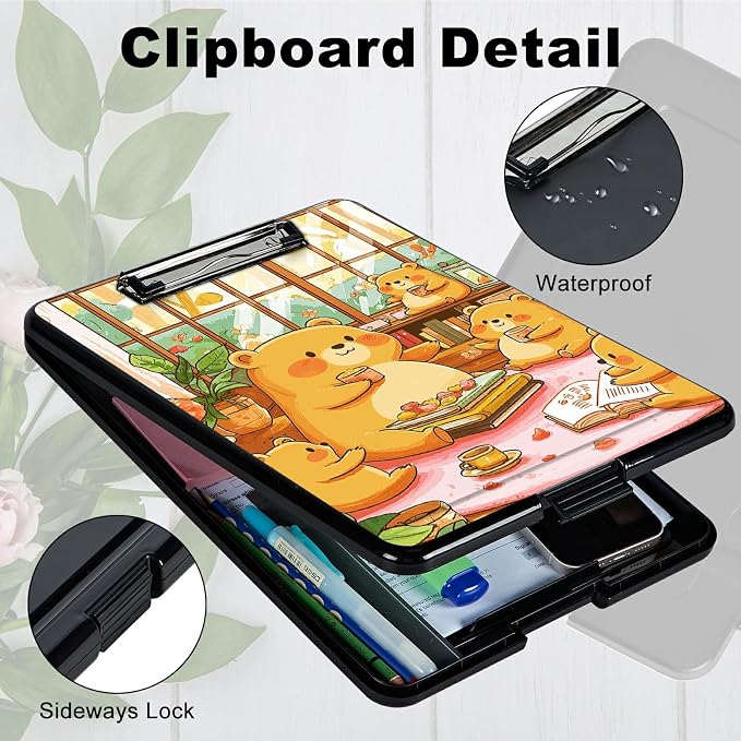 Heavy Duty Storage Clipboard, Slim Nursing Clipboard with Internal Pen Case, Portable File Organizer Case for A4 Letter Size Paper Office Medical Professionals, Bear Lunch