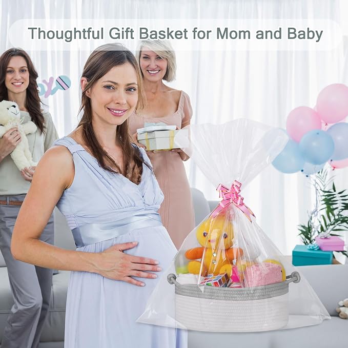 COMSE Small Gift Basket Empty with Bag & Ribbons, Cool Gray & White | Cotton Rope, 12"x 8"x 5", Pet Toy Storage Organizer, Woven Basket for Birthdays, Baby Showers, Mother’s Day, Valentine’s Day