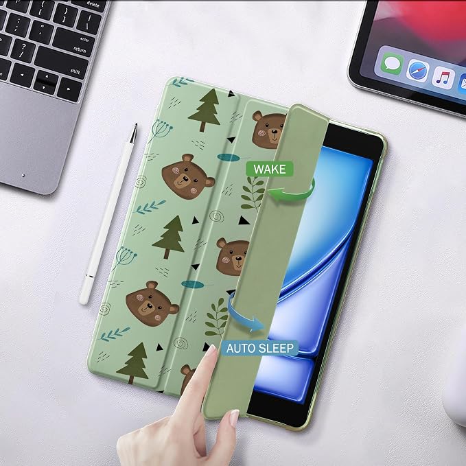Cute Kawaii Bear Case for 13" iPad Air(2024), Clear TPU Smart Stand Back Cover with Pencil Holder, Auto Wake/Sleep Foldable Shockproof Protective Case