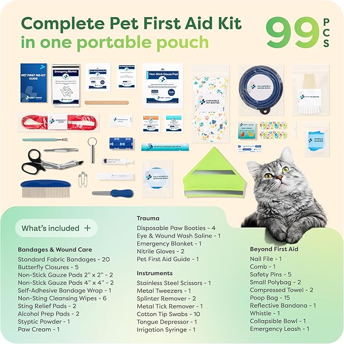 KeepGoing Pet First Aid Kit for Dogs & Cats, 99 Pc. Travel Emergency Kit | Dog & Cat Travel Accessories for Car, Camping & Hiking, Pet Essentials & Supplies
